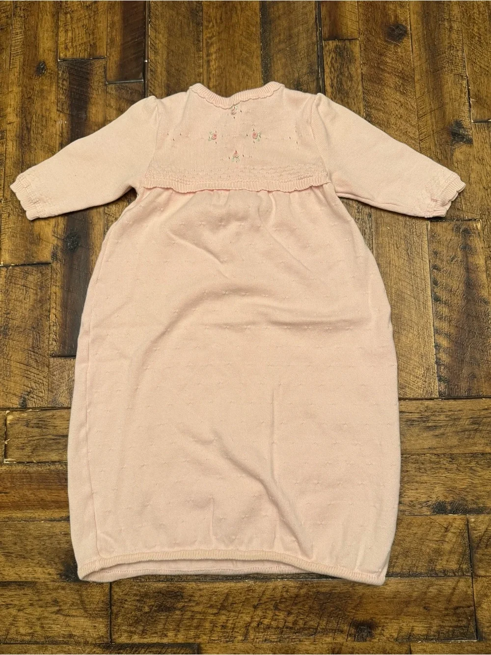 Petit Ami Vintage Pink Knit Infant Sleep Gown Hand Embroidered Rosebud NB